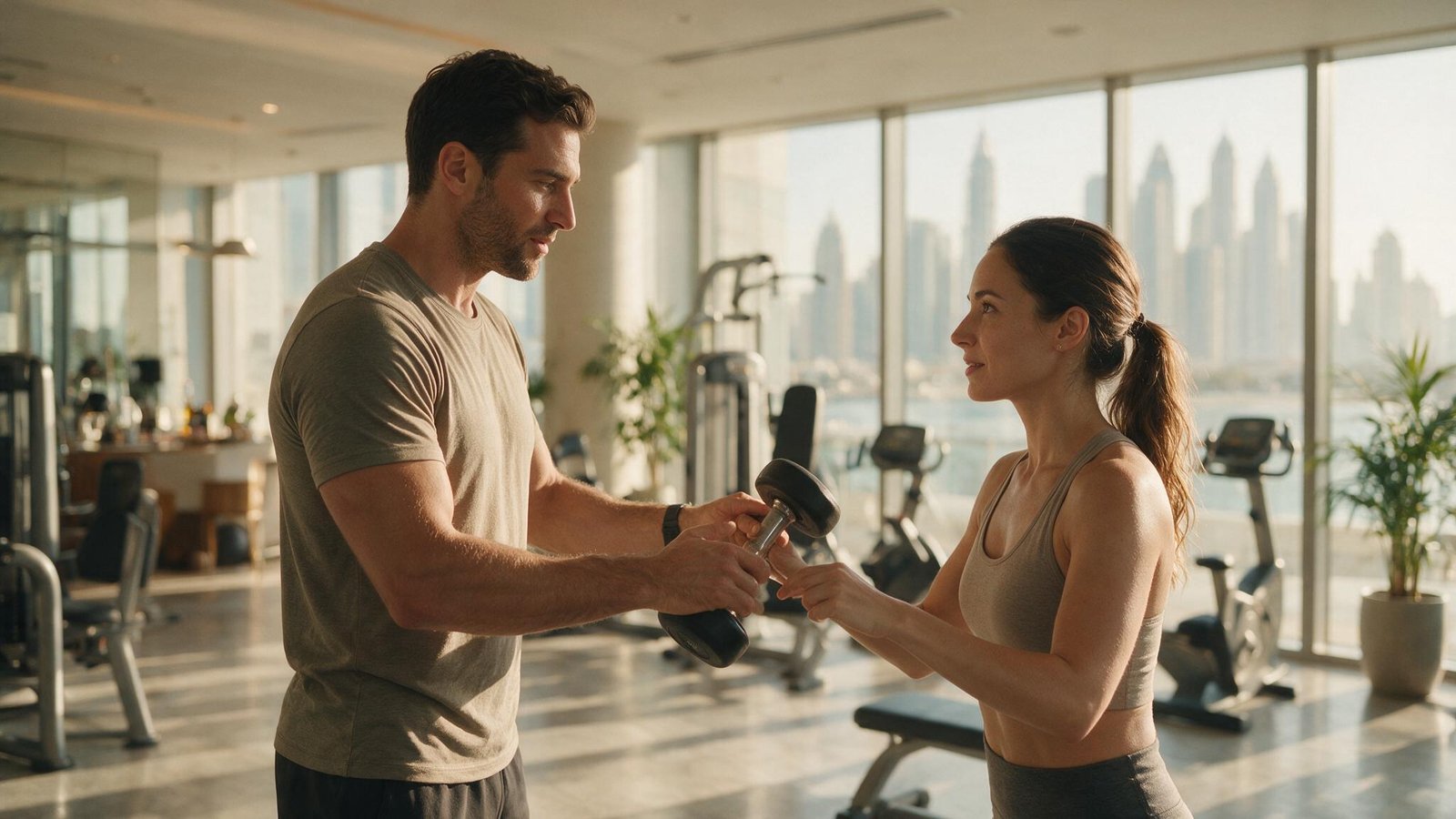 A personal trainer coaching a client in a bright Dubai gym
