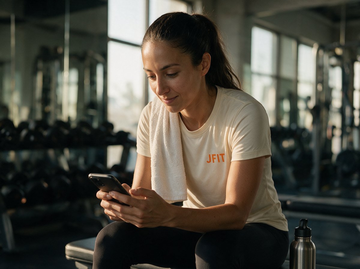 A JFit trainer checking her schedule between sessions in a Dubai gym