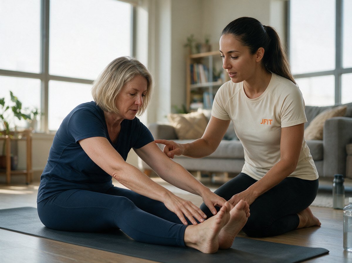 A JFit trainer guiding a client through a stretch in her own living room in Dubai