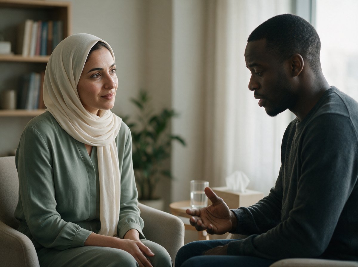 A JFit psychologist listening to a client in a calm Dubai consultation room