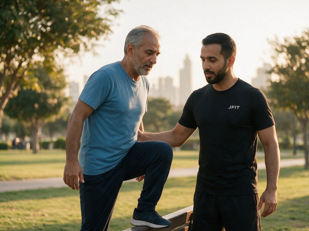 A JFit trainer guiding an older client through a step-up in a Dubai park