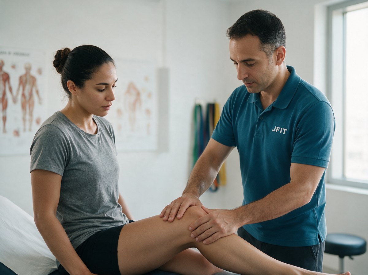 A JFit physiotherapist assessing a client's knee in a Dubai clinic
